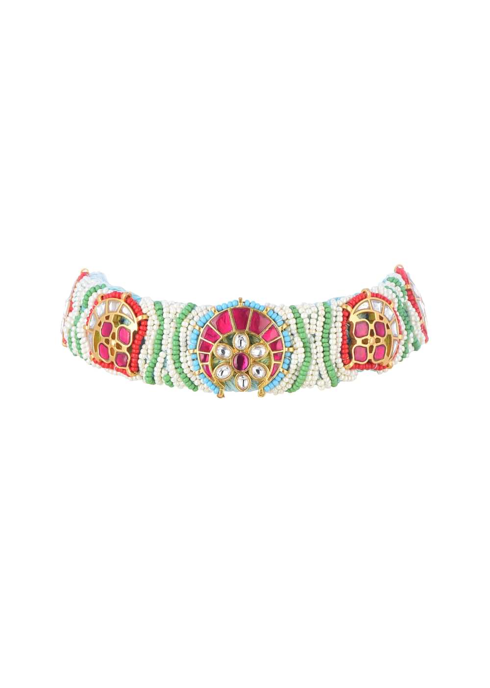 Multicolour Gold Finish Choker Set With Kundan And Thread Work
