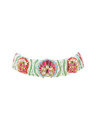 Multicolour Gold Finish Choker Set With Kundan And Thread Work