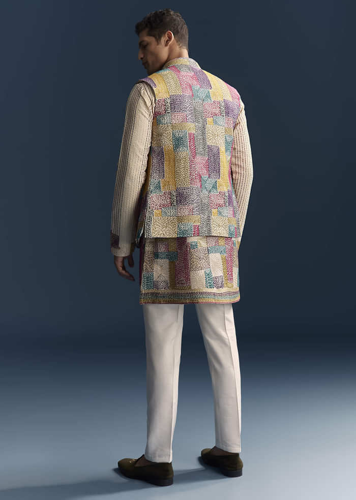 Multicolour Silk Kurta Jacket Set For Men With Intricate Thread Work