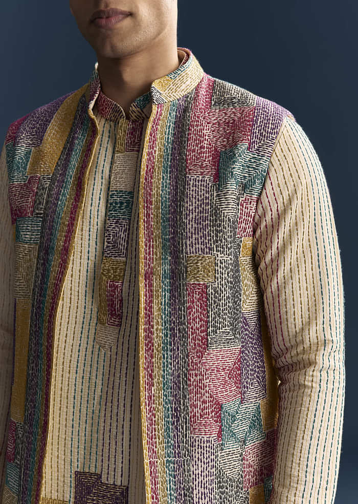 Multicolour Silk Kurta Jacket Set For Men With Intricate Thread Work
