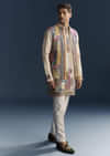 Multicolour Silk Kurta Jacket Set For Men With Intricate Thread Work