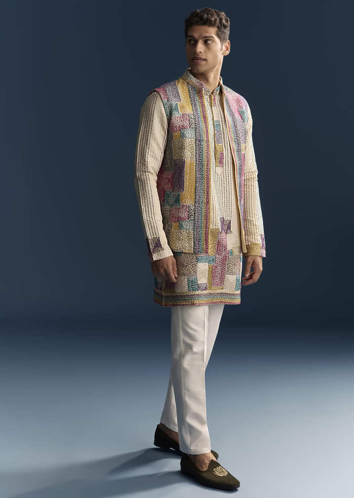 Multicolour Silk Kurta Jacket Set For Men With Intricate Thread Work