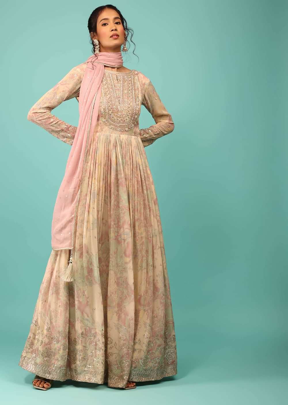 Multicoloured Anarkali Suit In Georgette With Floral Print, Embroidery And A Cameo Pink Dupatta