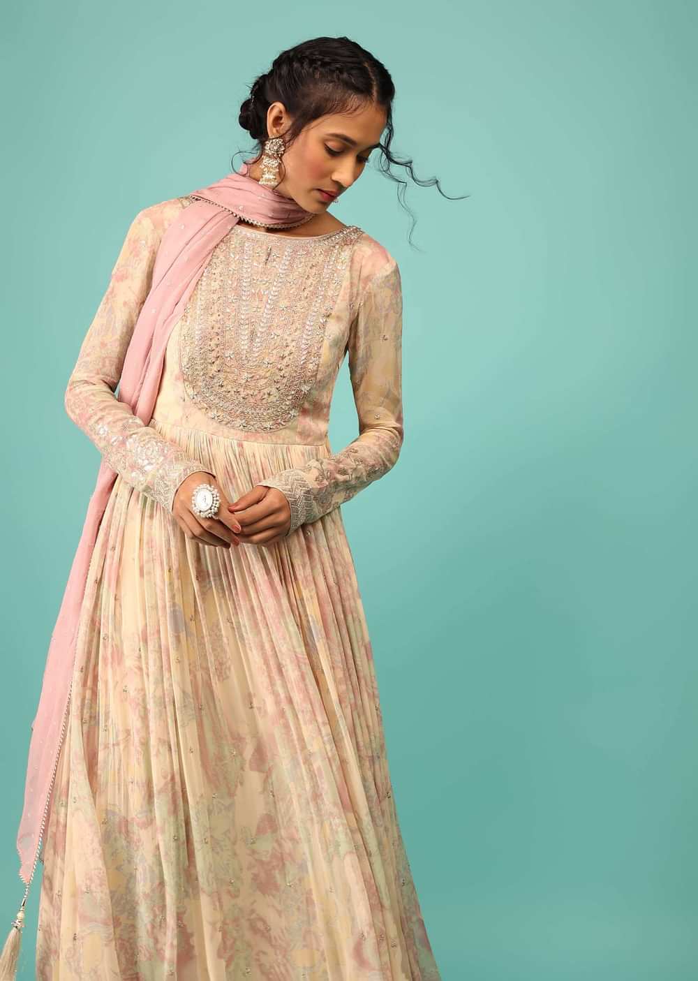 Multicoloured Anarkali Suit In Georgette With Floral Print, Embroidery And A Cameo Pink Dupatta
