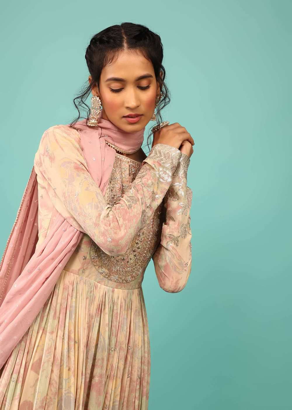 Multicoloured Anarkali Suit In Georgette With Floral Print, Embroidery And A Cameo Pink Dupatta