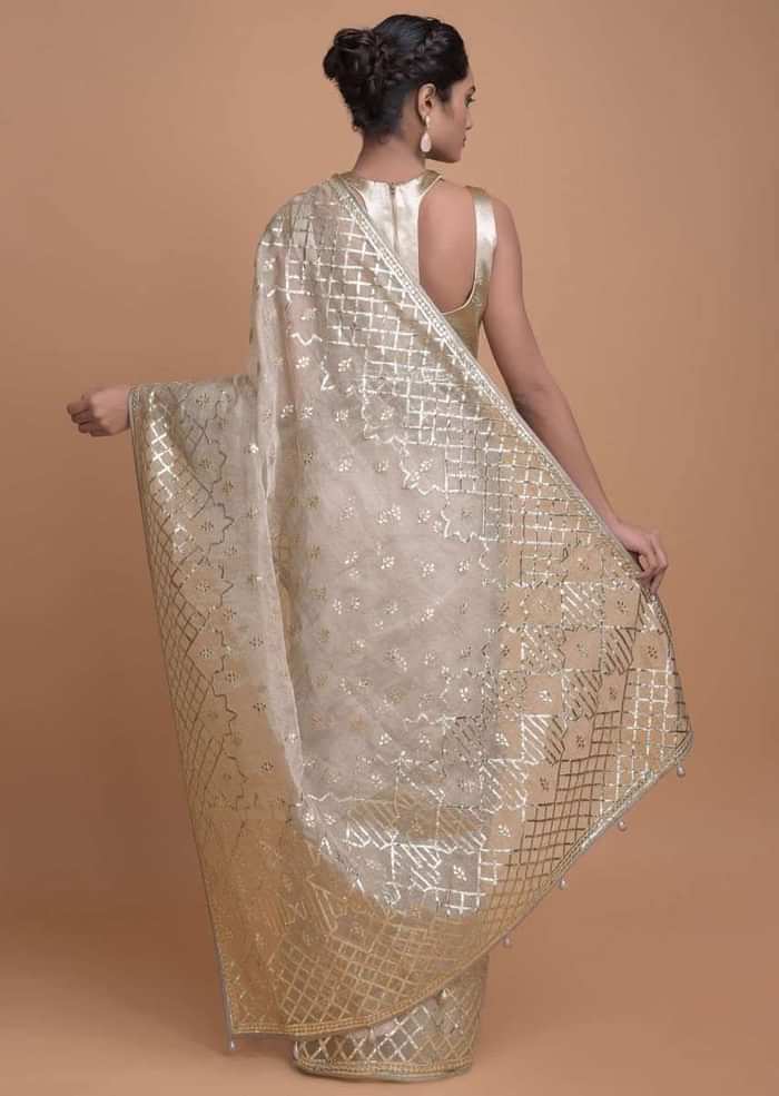Mushroom Grey Saree In Organza With Gotta Lace Work In Geometric Pattern Online - Kalki Fashion