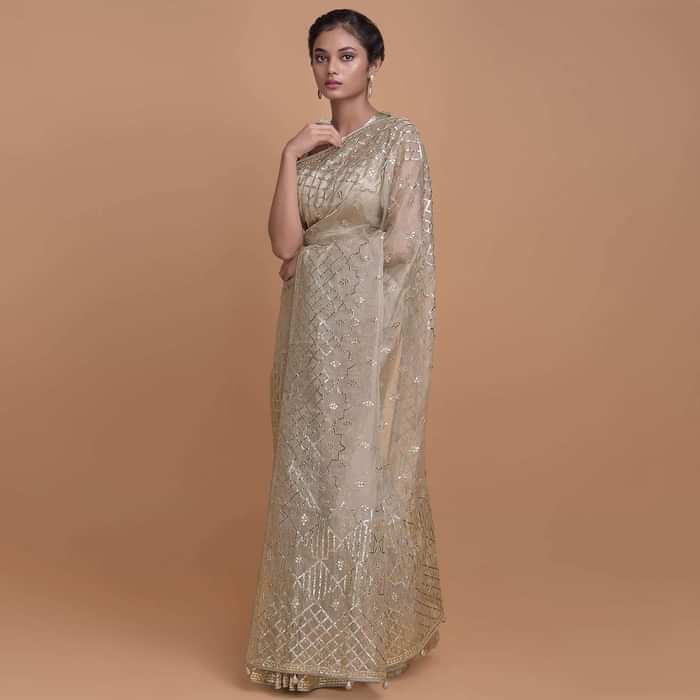 Mushroom Grey Saree In Organza With Gotta Lace Work In Geometric Pattern Online - Kalki Fashion