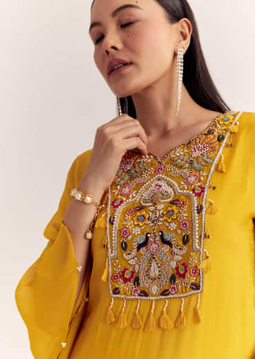 Mustard Chinon Asymmetrical Embroidered Kurta Set With Dupatta