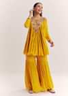 Mustard Chinon Flared Kurta With Thread Work