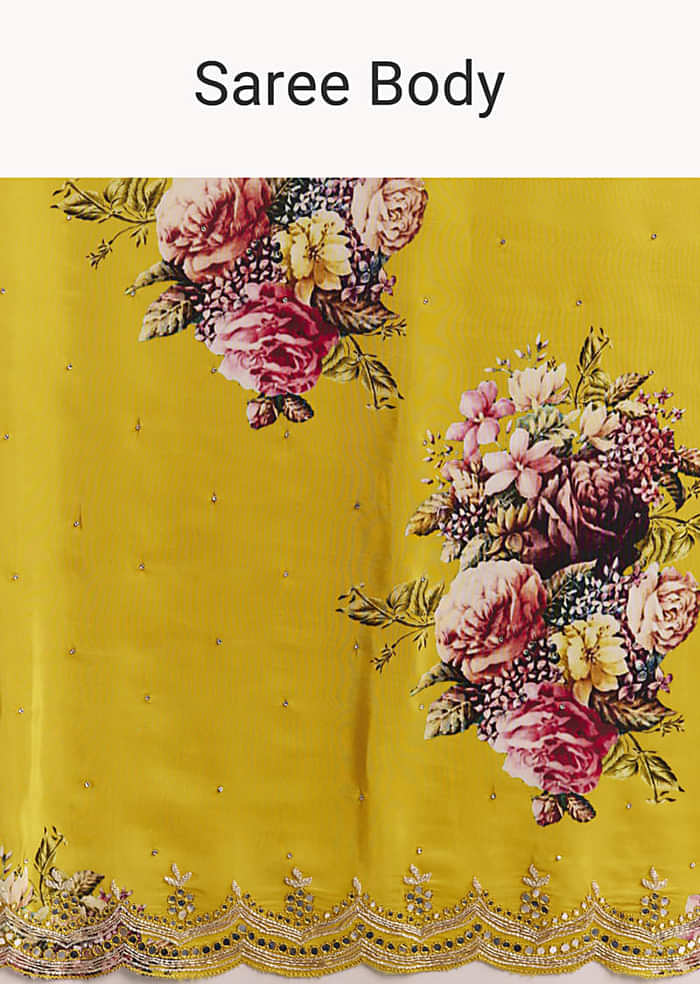 Mustard Crepe Saree With Floral Print And Mirror Border