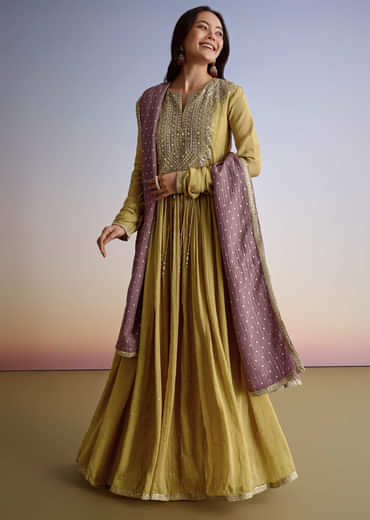 Mustard Crush Tissue Anarkali Suit With Sequins Embroidery