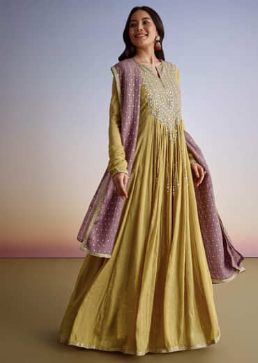 Mustard Crush Tissue Anarkali Suit With Sequins Embroidery