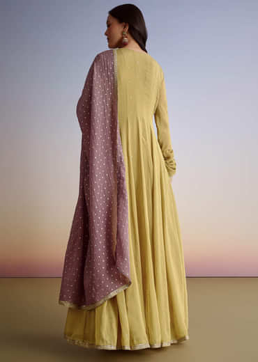 Mustard Crush Tissue Anarkali Suit With Sequins Embroidery
