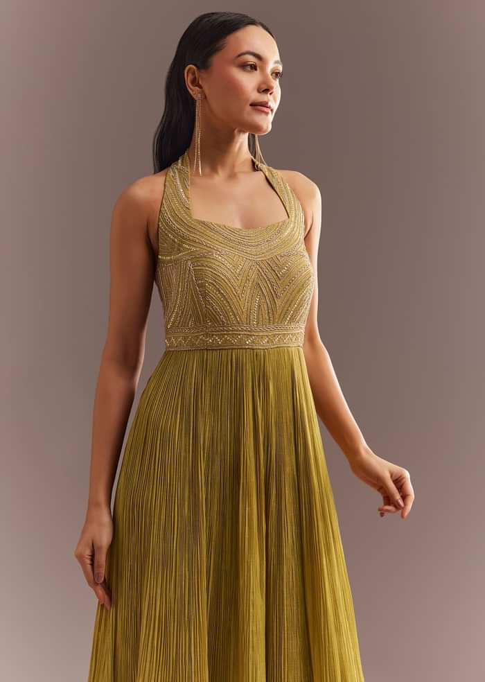 Mustard French Tissue Jumpsuit With Cutdana Work