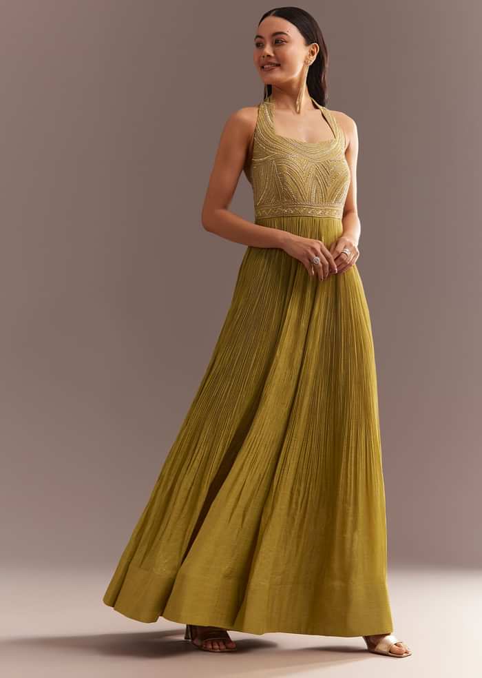 Mustard French Tissue Jumpsuit With Cutdana Work