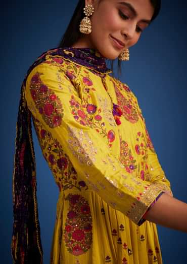 Mustard Linen Silk Floral Embroidered Anarkali Set