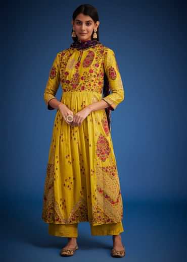 Mustard Linen Silk Floral Embroidered Anarkali Set