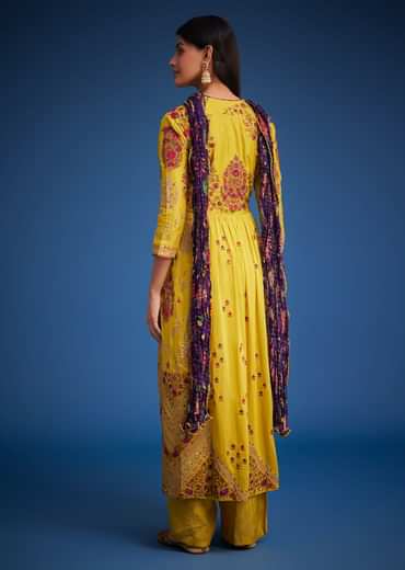 Mustard Linen Silk Floral Embroidered Anarkali Set