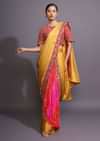 Mustard Ready Pleated Saree With Bandhani Printed Layer And Red Scalloped Border With Zari Accents Online - Kalki Fashion