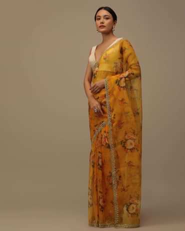 Orange Cutdana Embroidered Saree In Organza With Floral Print