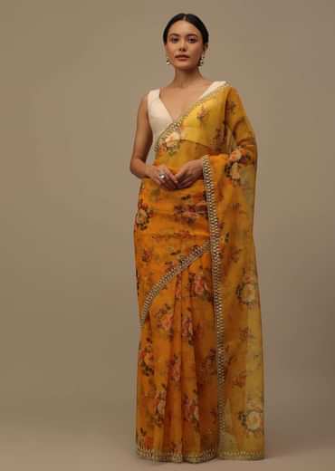 Orange Cutdana Embroidered Saree In Organza With Floral Print