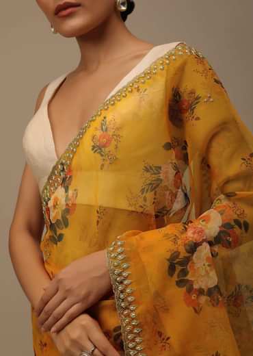 Orange Cutdana Embroidered Saree In Organza With Floral Print