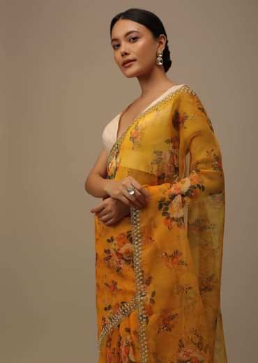 Orange Cutdana Embroidered Saree In Organza With Floral Print
