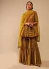 Mustard Sharara Suit In Cotton Blend With Peplum Kurti Adorned In Floral Print And Thread Embroidery