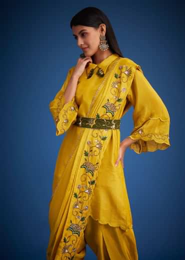 Mustard Tissue Embroidered Dhoti Set