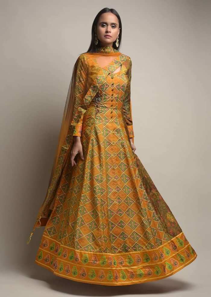 Mustard Yellow Anarkali Suit In Silk With Patola Print And Beads Embroidered Patchwork Detailing Online - Kalki Fashion