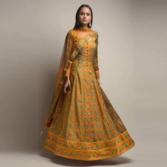 Mustard Yellow Anarkali Suit In Silk With Patola Print And Beads Embroidered Patchwork Detailing Online - Kalki Fashion