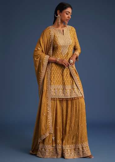 Mustard Yellow Chinon Bandhani Palazzo Set