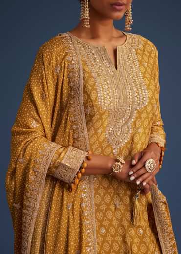 Mustard Yellow Chinon Bandhani Palazzo Set
