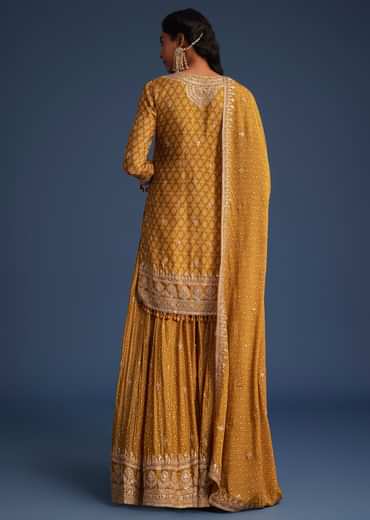 Mustard Yellow Chinon Bandhani Palazzo Set