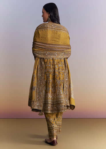 Mustard Yellow Crepe Patiala Suit With Indie Print And Zari Work