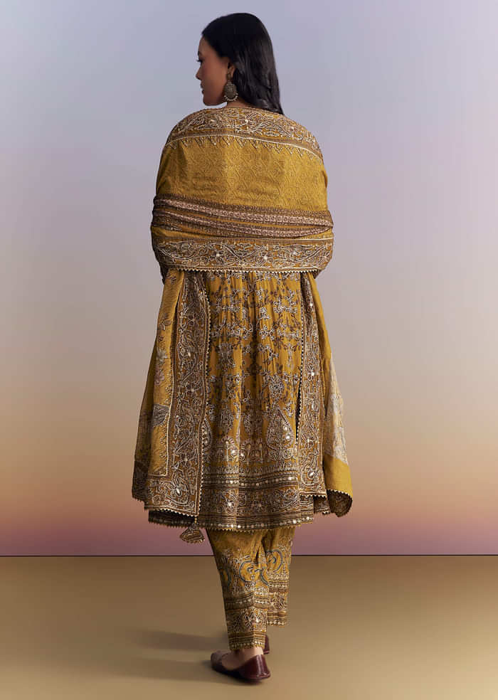 Mustard Yellow Crepe Patiala Suit With Indie Print And Zari Work