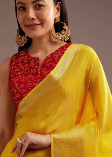 Mustard Yellow Crepe Silk Saree With Zari Border And Contrast Blouse