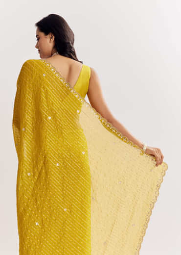 Mustard Yellow Georgette Saree With Foil Stripes And Mirror Gota Patti Work