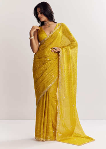 Mustard Yellow Georgette Saree With Foil Stripes And Mirror Gota Patti Work