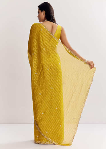 Mustard Yellow Georgette Saree With Foil Stripes And Mirror Gota Patti Work