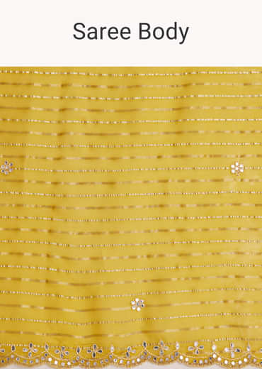 Mustard Yellow Georgette Saree With Foil Stripes And Mirror Gota Patti Work