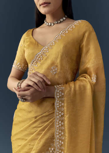 Mustard Yellow Jacquard Printed Tissue Saree with Unstitched Blouse