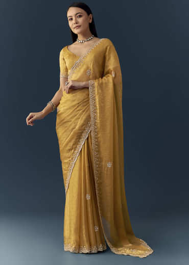 Mustard Yellow Jacquard Printed Tissue Saree with Unstitched Blouse
