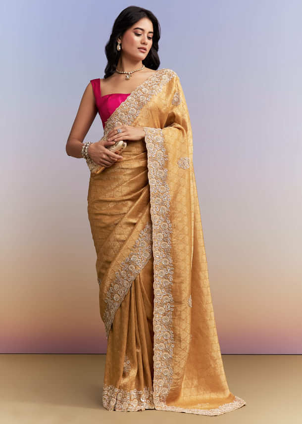 Mustard Yellow Jacquard Tissue Saree With Heavy Hand Embroidery Mustard Yellow Jacquard Tissue Saree With Heavy Hand Embroidery