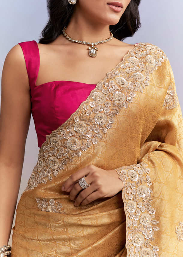 Mustard Yellow Jacquard Tissue Saree With Heavy Hand Embroidery Mustard Yellow Jacquard Tissue Saree With Heavy Hand Embroidery
