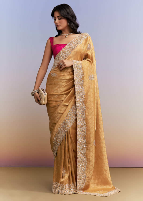 Mustard Yellow Jacquard Tissue Saree With Heavy Hand Embroidery Mustard Yellow Jacquard Tissue Saree With Heavy Hand Embroidery