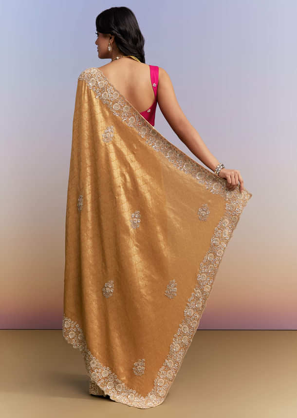Mustard Yellow Jacquard Tissue Saree With Heavy Hand Embroidery Mustard Yellow Jacquard Tissue Saree With Heavy Hand Embroidery