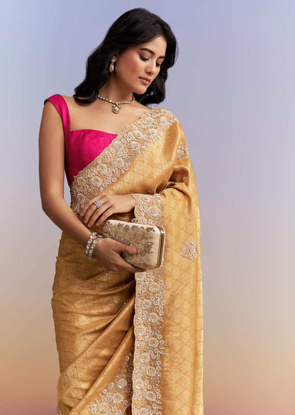 Mustard Yellow Jacquard Tissue Saree With Heavy Hand Embroidery Mustard Yellow Jacquard Tissue Saree With Heavy Hand Embroidery