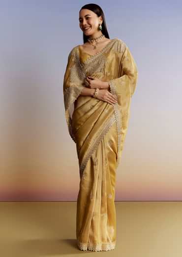 Mustard Yellow Jacquard Tissue Saree With Zigzag Zardosi Work