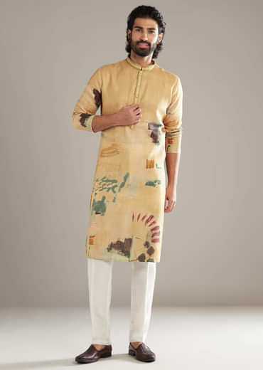 Mustard Yellow Kurta Set For Men With Abstract Print